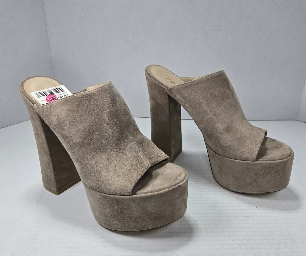 Stuart Weitzman Skyhigh 145mm Natural Tan Slide Platform Mules Size 10 1/2 M